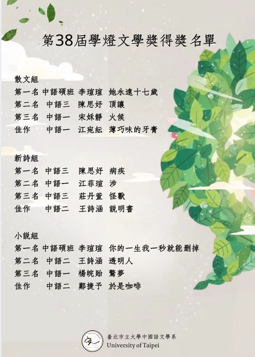 【公告】中國語文學系第38屆「學燈文學獎」得獎名單圖片